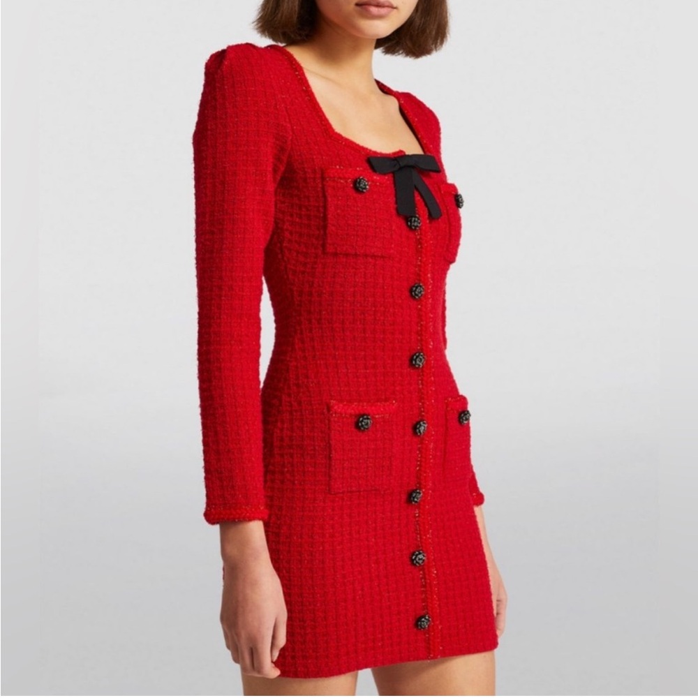 NWT Self-Portrait Red Bow Knitted Detail Mini Dress